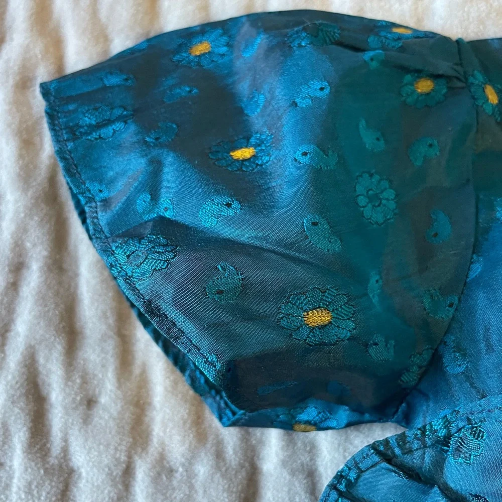 Girls Sweet Teal Gold Embroidered Silky Paisley Ruffled Tea Party Dress Frock